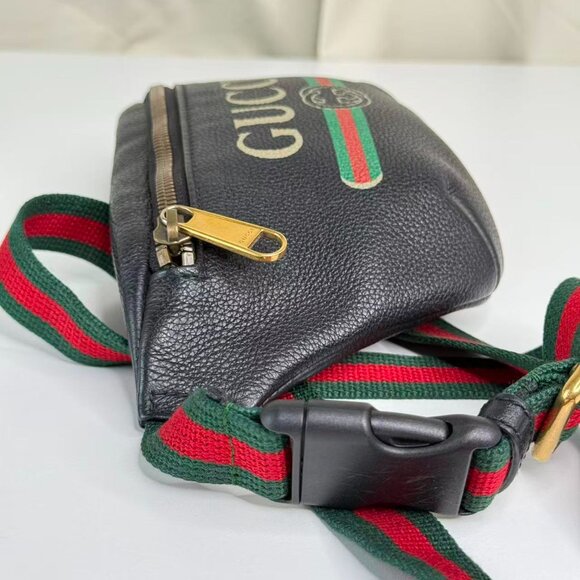 Gucci Black Leather Printed Bum Bag with Green & Red Stripes and Gold Hardware - Picture 3 of 8
